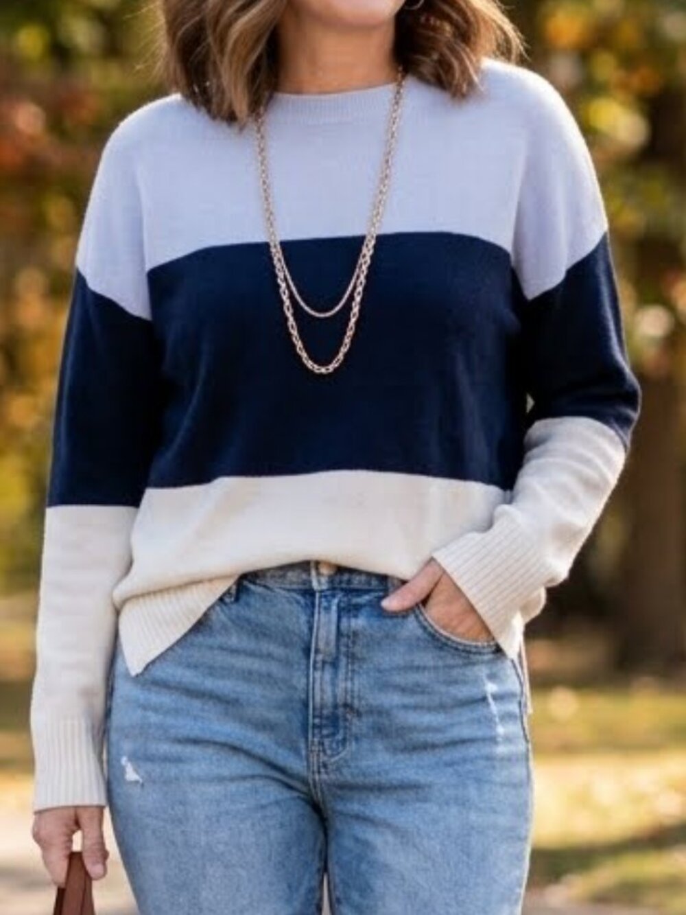 French Connection Women's Knit Crewneck Sweater Size M Blue Colorblock Striped